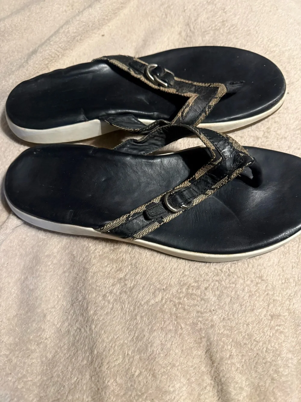 Coach Black Flip Flop Sandals with Tan Trim
